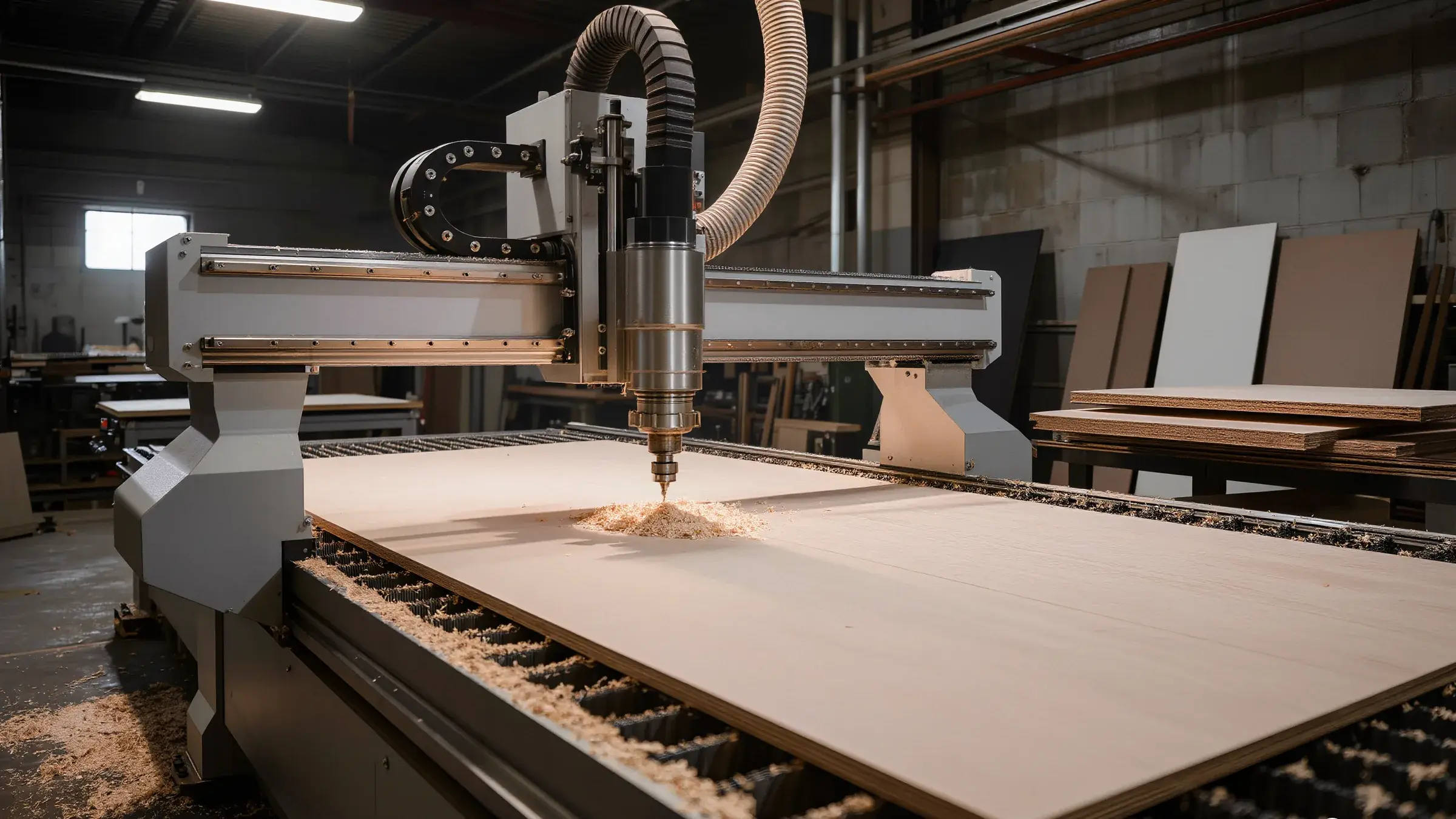 4.200 m² atölyede CNC kesim hattı, MDF levha işlenirken